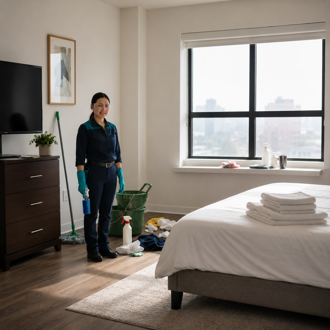 Cleaner preparing a guest bedroom with fresh towels
